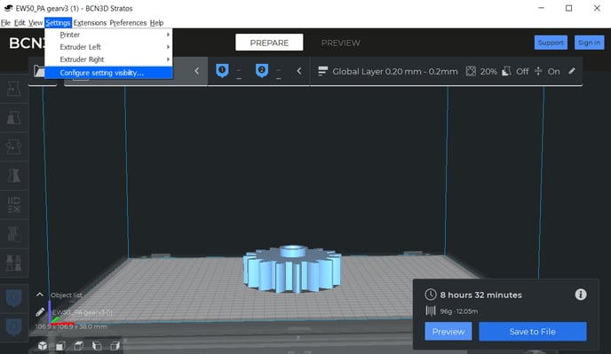 Menú de configuración en BCN3D Stratos para configurar la visibilidad de los parámetros