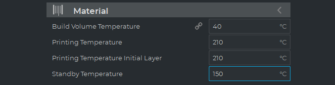 modify the standby temperature on the material menu