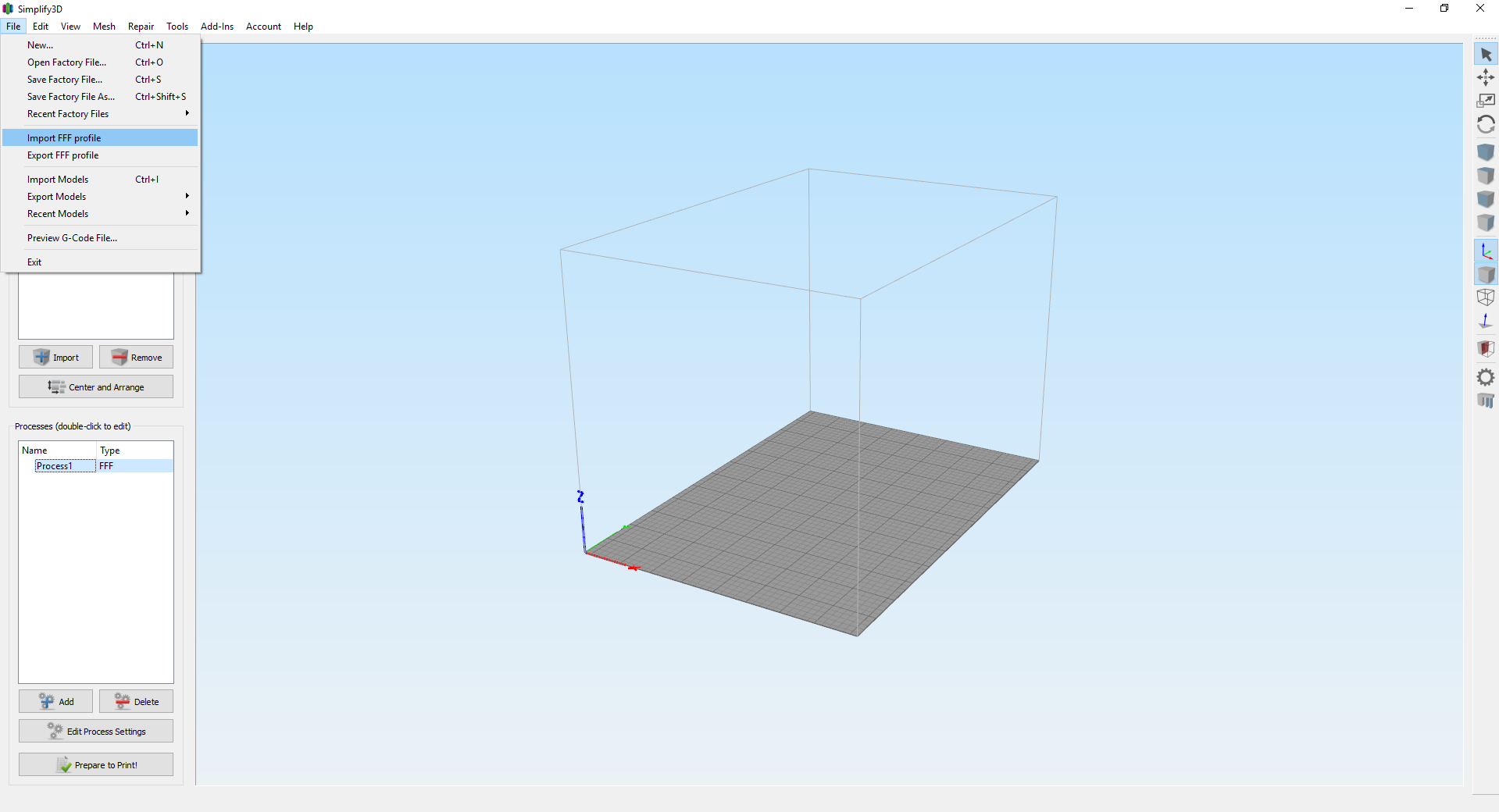 set printer model in simplify 3d